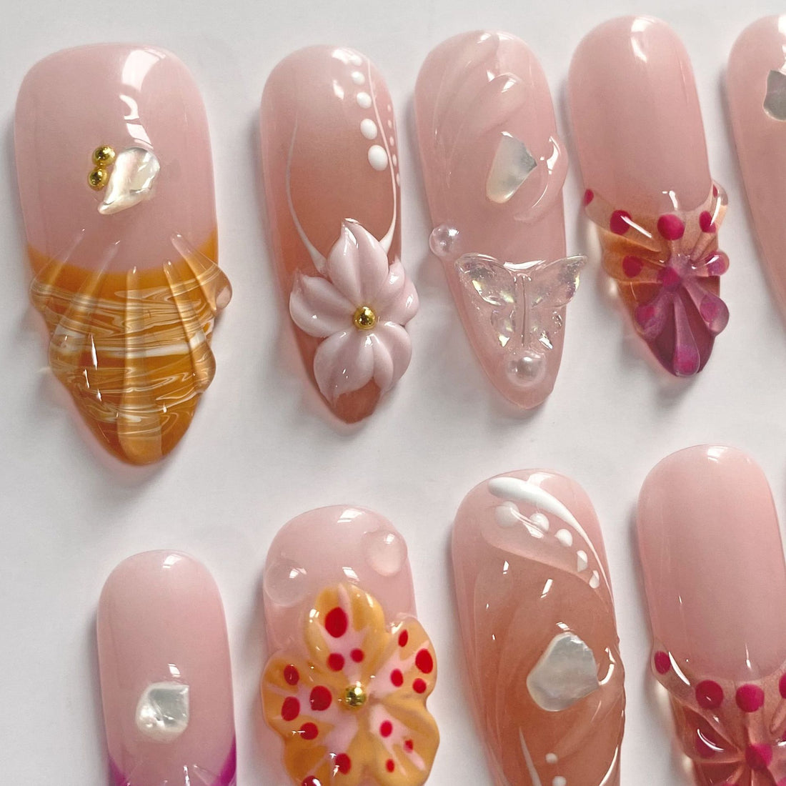 Tropical Summer Press-on Nails Handmade 3D Almond Nails for Beach
